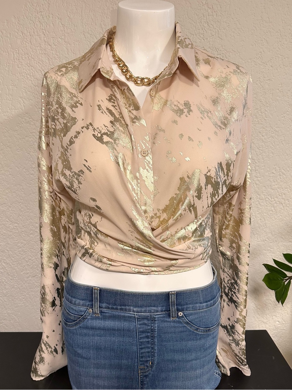 AKIRA tie Front Metallic Accent Button-Down Shirt